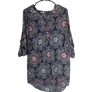 Wishful Park Womens Blouse Roll Tab Sleeve Tunic V-Neck Navy Blue Peach Sz L